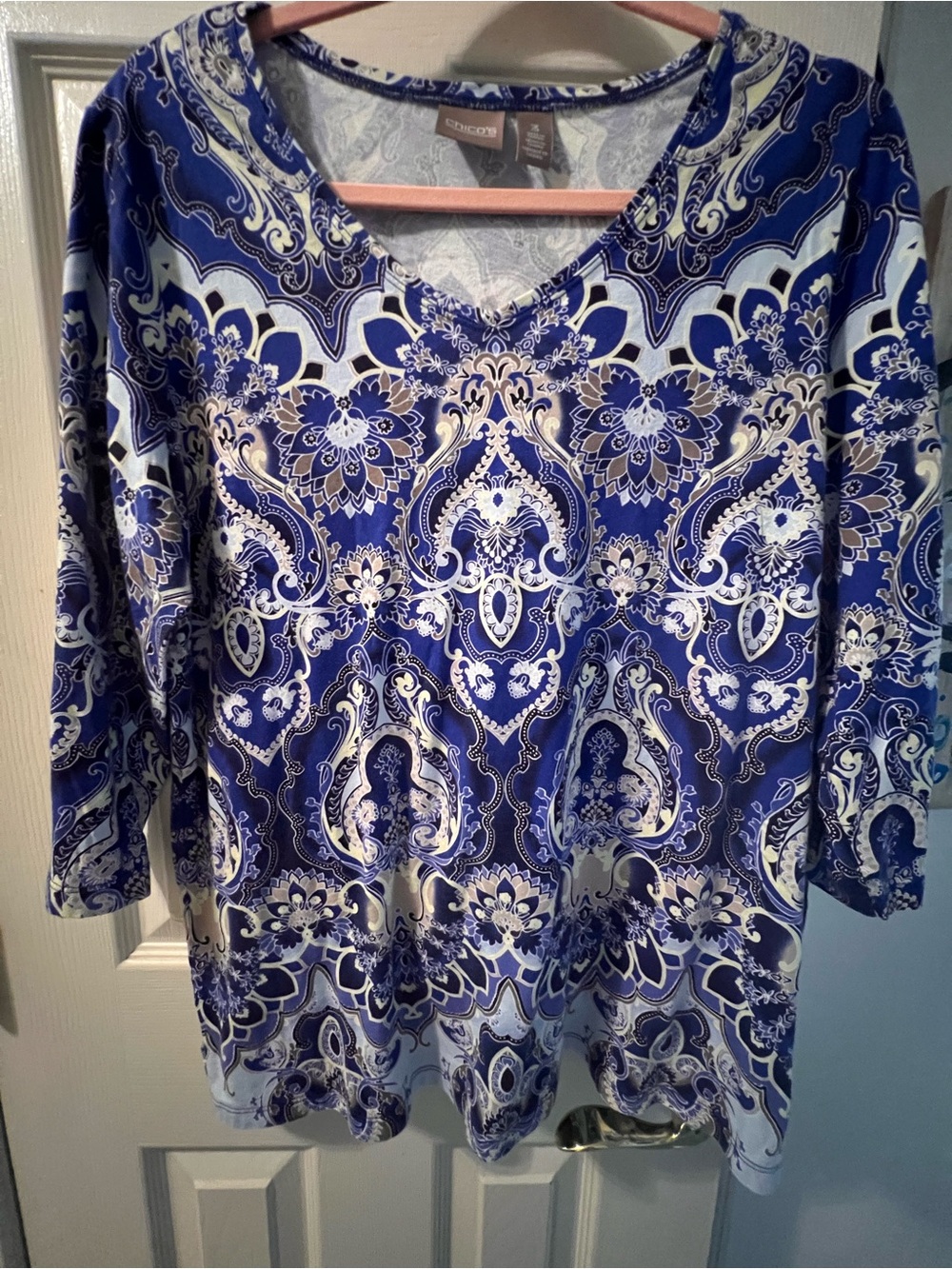 Chico's Blue and White Paisley V-Neck Long Sleeve Top